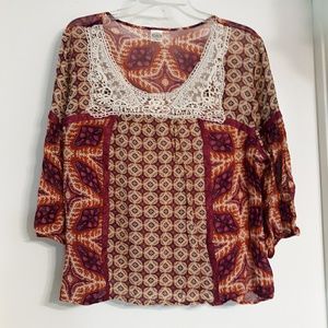 BILA ETHNIC PRINT PEASANT HIPPIE BOHO TOP, XL